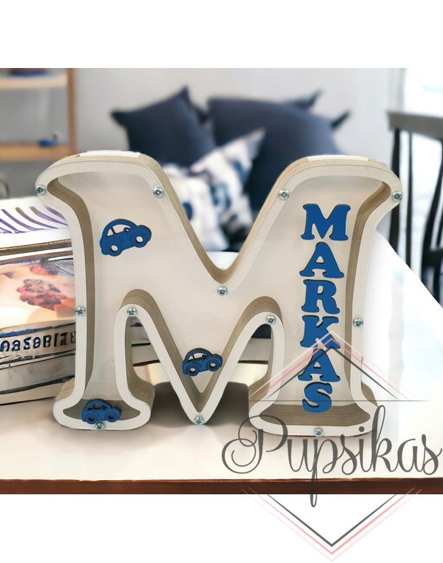 Balta, medinė taupyklė su raide (Su pasirinkta raide ir vardu)