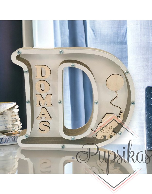 Balta, medinė taupyklė su raide (Su pasirinkta raide ir vardu)