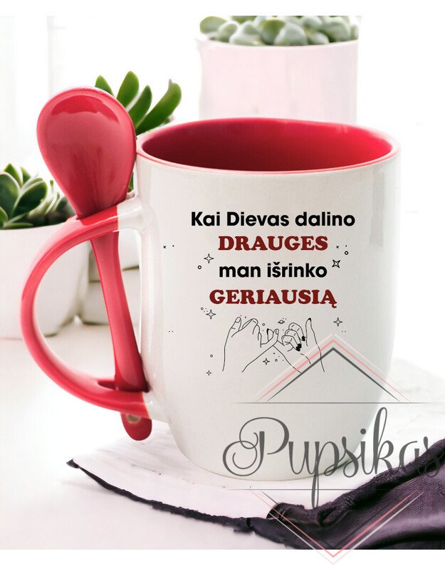 Puodelis su šaukšteliu „Kai Dievas dalino DRAUGES“