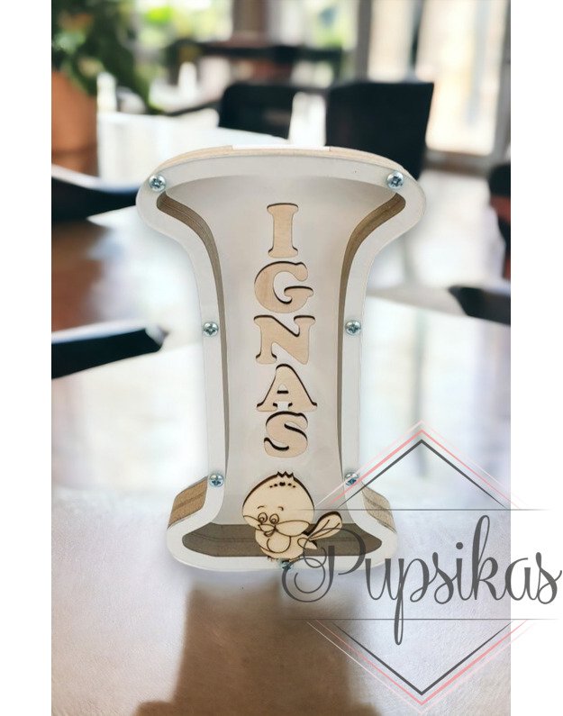 Balta, medinė taupyklė su raide I (Su pasirinkta raide ir vardu)