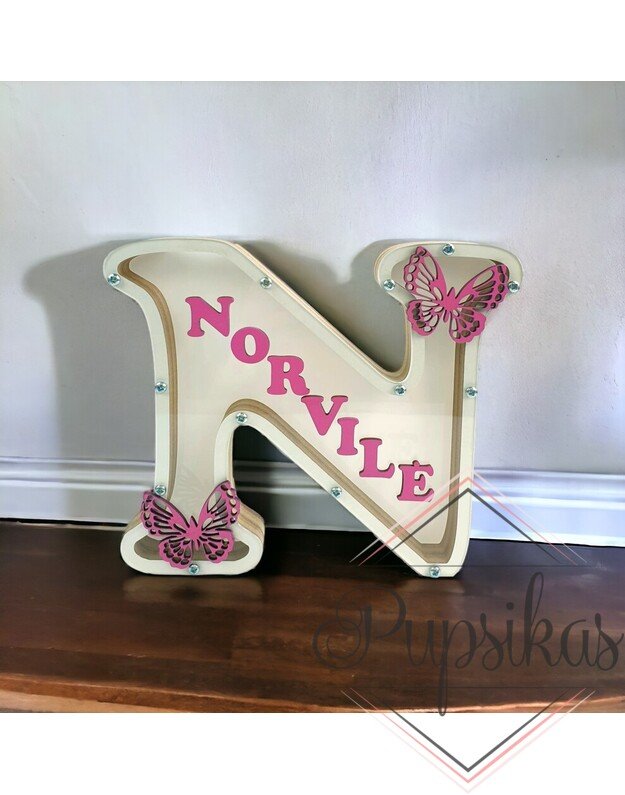 Balta, medinė taupyklė su raide N (Su pasirinkta raide ir vardu)