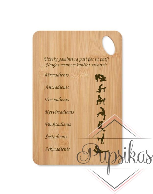 Stačiakampio formos bambukinė pjaustymo lentelė su spauda „Naujas meniu sekančiai savaitei“