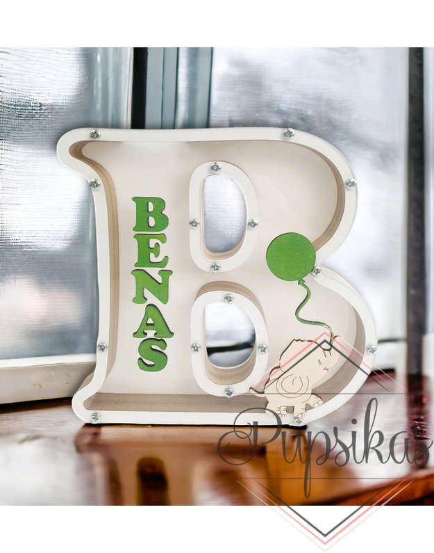 Balta, medinė taupyklė su raide B (Su pasirinkta raide ir vardu)