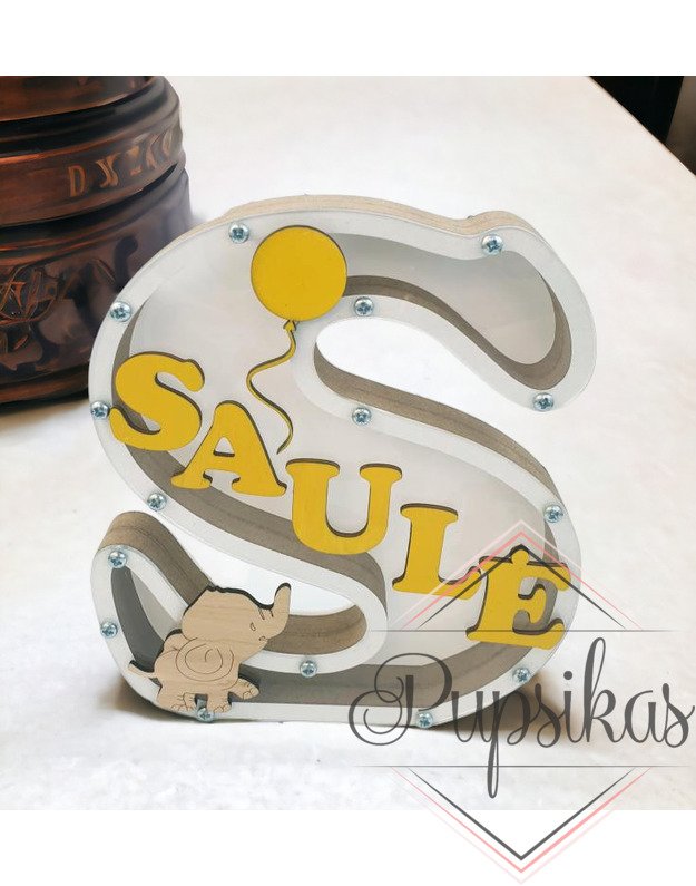 Balta, medinė taupyklė su raide (Su pasirinkta raide ir vardu)