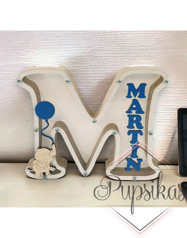 Balta, medinė taupyklė su raide (Su pasirinkta raide ir vardu)