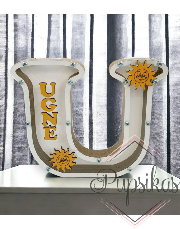 Balta, medinė taupyklė su raide U (Su pasirinkta raide ir vardu)