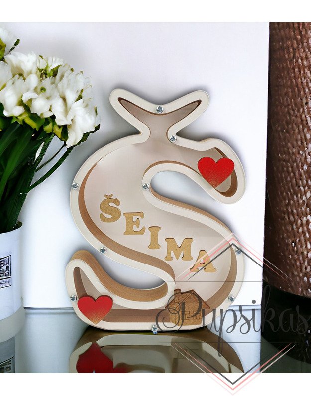 Balta, medinė taupyklė su raide Š (Su pasirinkta raide ir vardu)