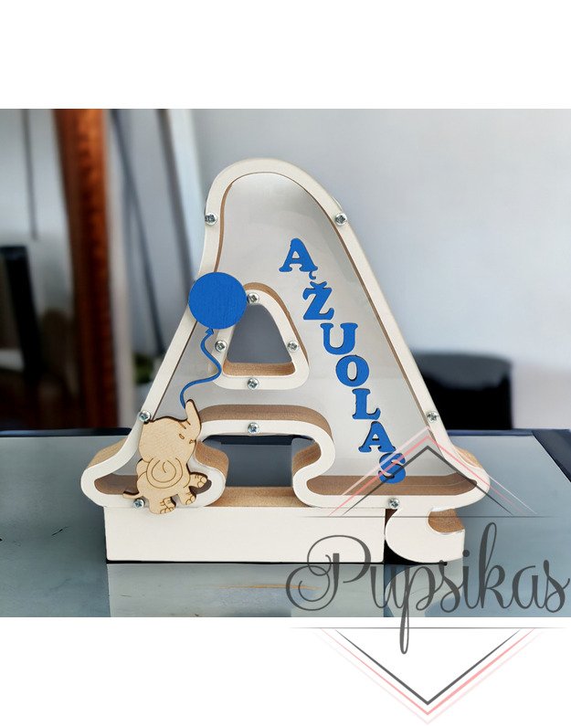 BALTA, MEDINĖ TAUPYKLĖ SU RAIDE Ą (SU PASIRINKTA RAIDE IR VARDU)