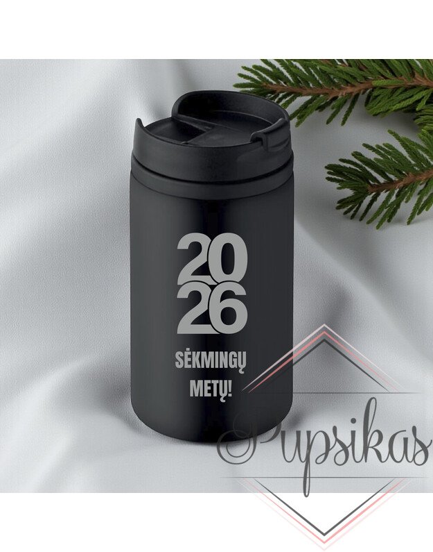 Juodas termo puodelis „2026 sėkmingų metų“