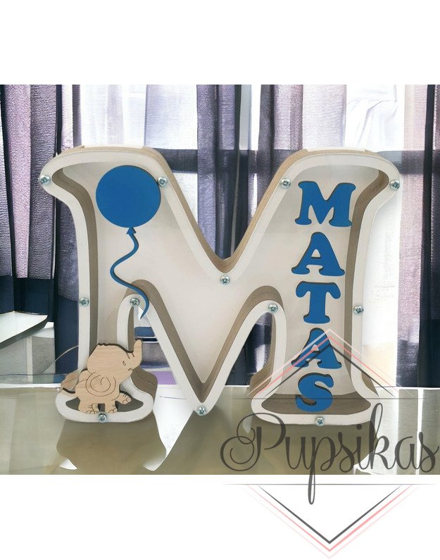 Balta, medinė taupyklė su raide (Su pasirinkta raide ir vardu)