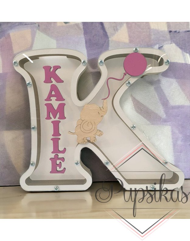 Balta, medinė taupyklė su raide (Su pasirinkta raide ir vardu)