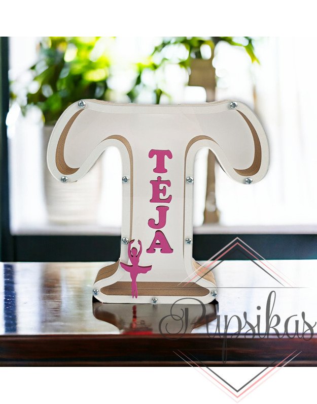 Balta, medinė taupyklė su raide (Su pasirinkta raide ir vardu)