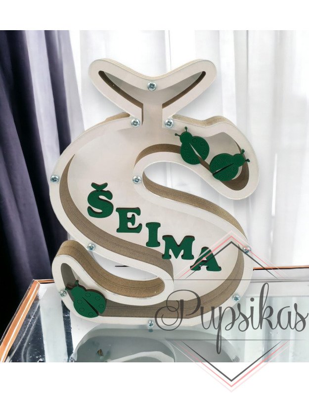 Balta, medinė taupyklė su raide Š (Su pasirinkta raide ir vardu)