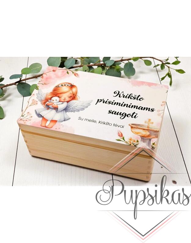 Medinė krikštadėžė su spauda „Krikšto prisiminimams saugoti“