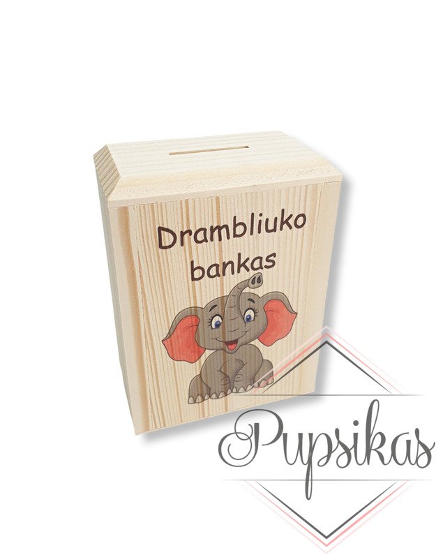 Medinė taupyklė su spauda „Drambliuko bankas“ (13,5x10x6)