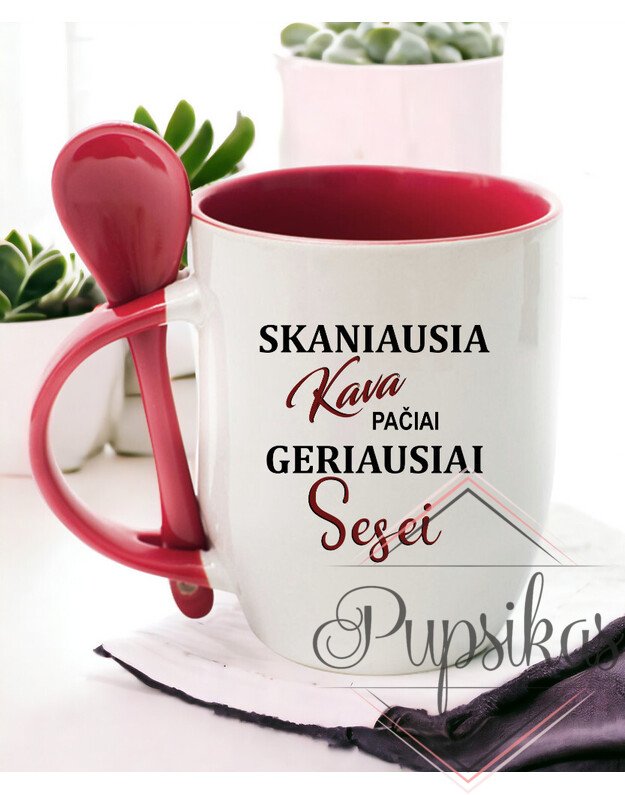 Puodelis su šaukšteliu „Skaniausia kava pačiai geriausiai Sesei“