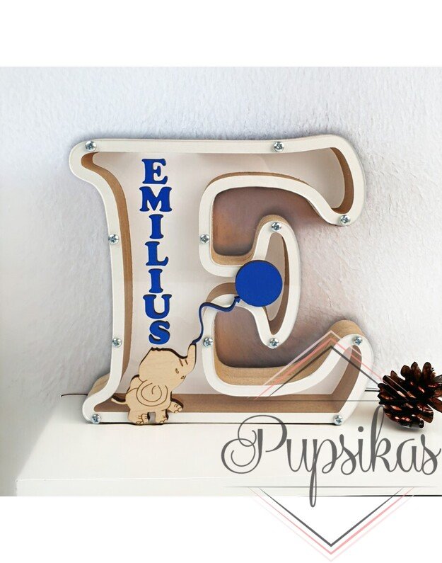 Balta, medinė taupyklė su raide (Su pasirinkta raide ir vardu)