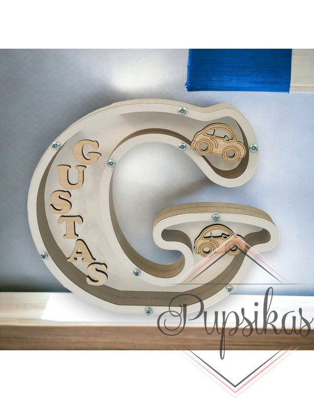 Balta, medinė taupyklė su raide (Su pasirinkta raide ir vardu)