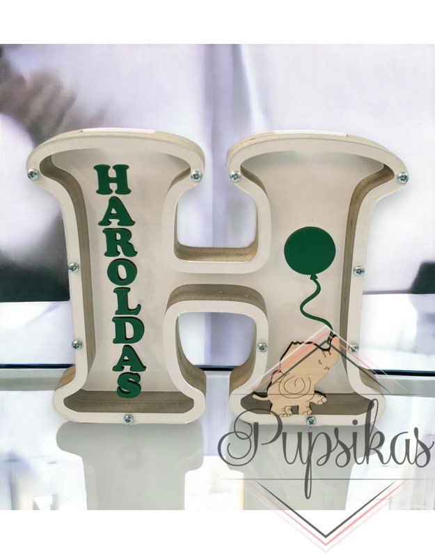 Balta, medinė taupyklė su raide H (Su pasirinkta raide ir vardu)