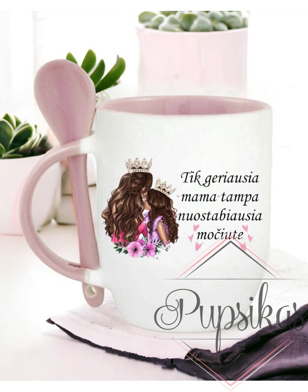 Puodelis su šaukšteliu „Tik geriausia mama tampa nuostabiausia močiute“