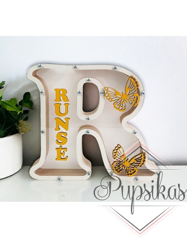 Balta, medinė taupyklė su raide (Su pasirinkta raide ir vardu)