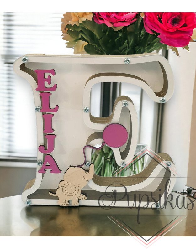 Balta, medinė taupyklė su raide (Su pasirinkta raide ir vardu)