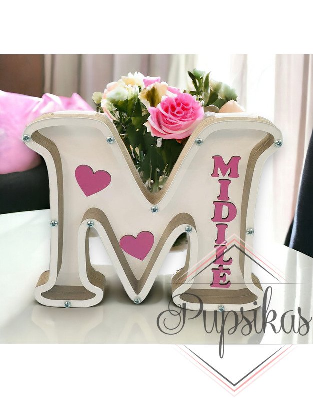 Balta, medinė taupyklė su raide (Su pasirinkta raide ir vardu)