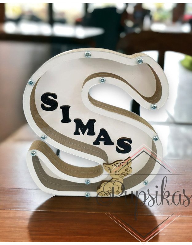 Balta, medinė taupyklė su raide S (Su pasirinkta raide ir vardu)