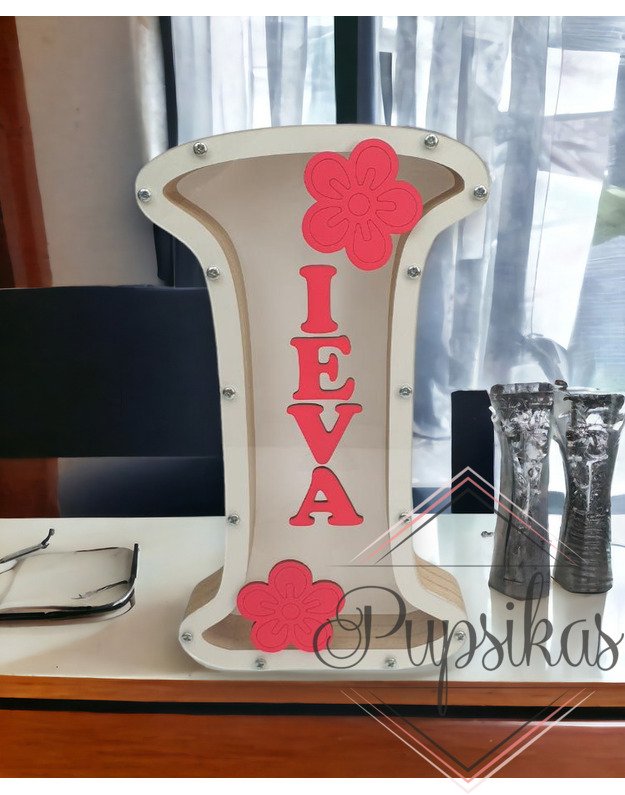 Balta, medinė taupyklė su raide I (Su pasirinkta raide ir vardu)