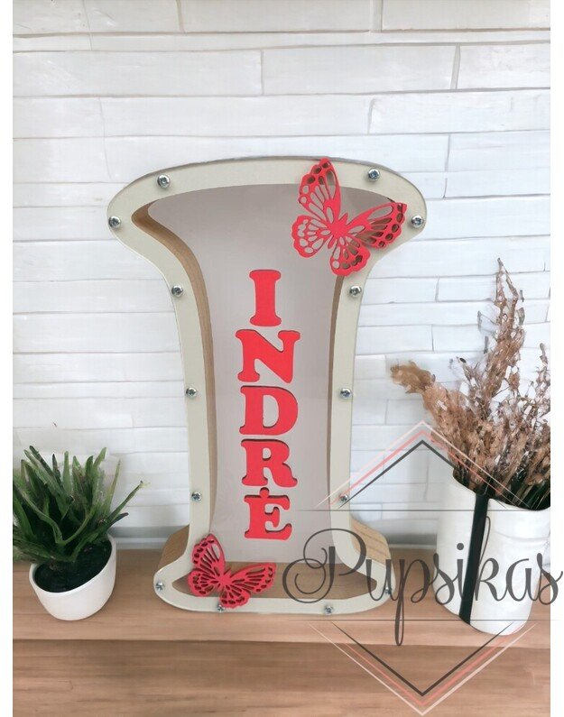 Balta, medinė taupyklė su raide I (Su pasirinkta raide ir vardu)