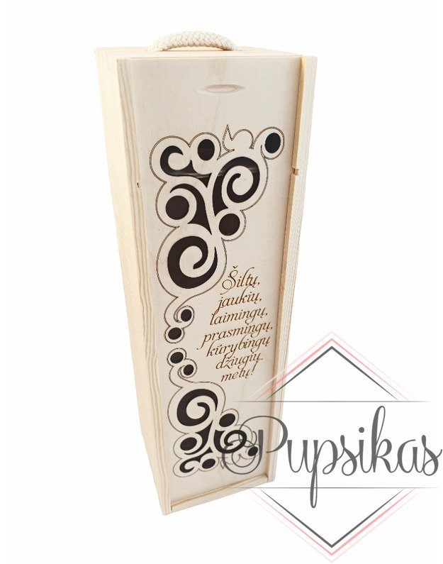 Graviruota vyno dėžė „Šiltų, jaukių, laimingų...“