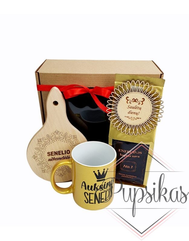 Dovanų rinkinys su kava „Auksiniam Seneliui“ (Aukso spalvos puodelis su blizgučiu)