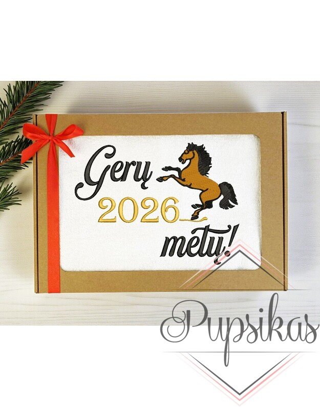 Siuvinėtas rankšluostis su arkliu „Gerų 2026 metų“