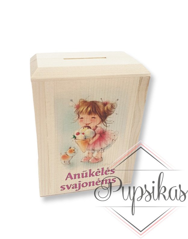 Medinė taupyklė su spauda „Anūkėlės svajonėms“ (13,5x10x6)