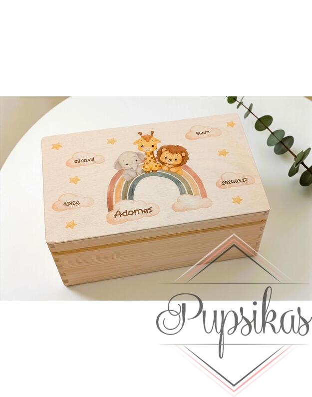 Medinė krikštadėžė su spauda „Gimimo metrikai“ su jūsų norimu vardu