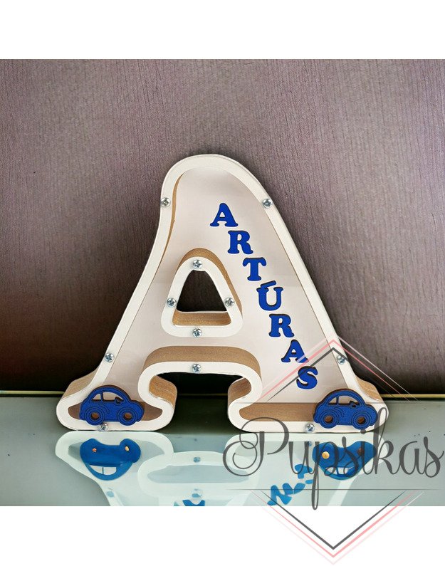 Balta, medinė taupyklė su raide (Su pasirinkta raide ir vardu)