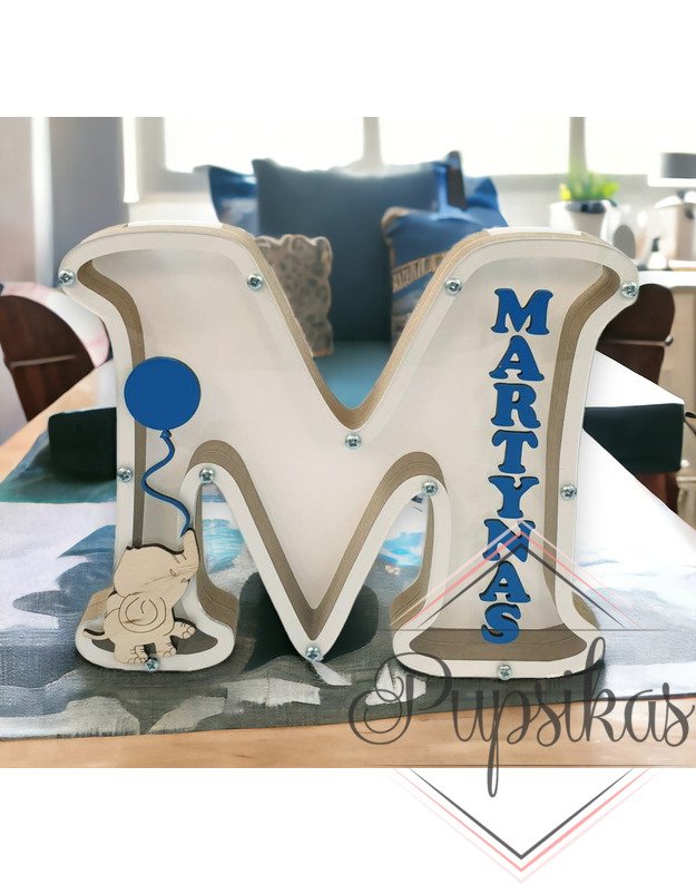 Balta, medinė taupyklė su raide (Su pasirinkta raide ir vardu)