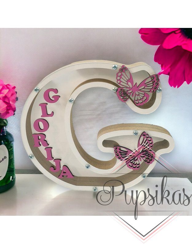 Balta, medinė taupyklė su raide (Su pasirinkta raide ir vardu)