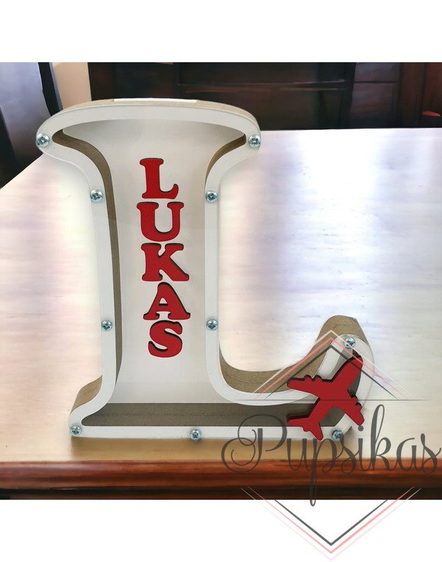 Balta, medinė taupyklė su raide L (Su pasirinkta raide ir vardu)