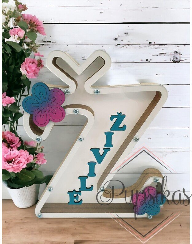 Balta, medinė taupyklė su raide Ž (Su pasirinkta raide ir vardu)