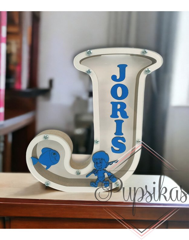 Balta, medinė taupyklė su raide J (Su pasirinkta raide ir vardu)