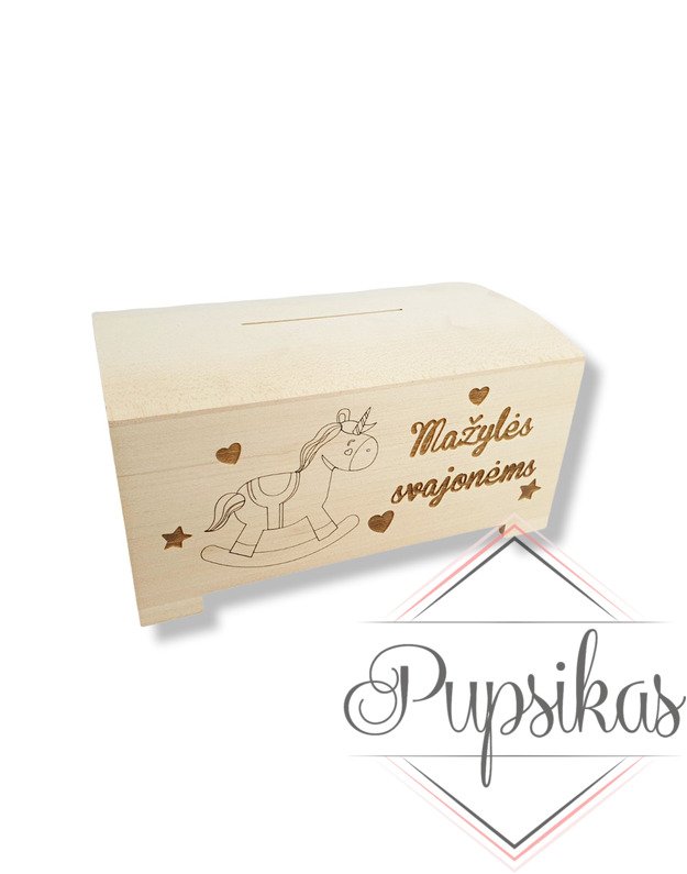 Medinė taupyklė skrynelė „Mažylės svajonėms“ (9x20x12)