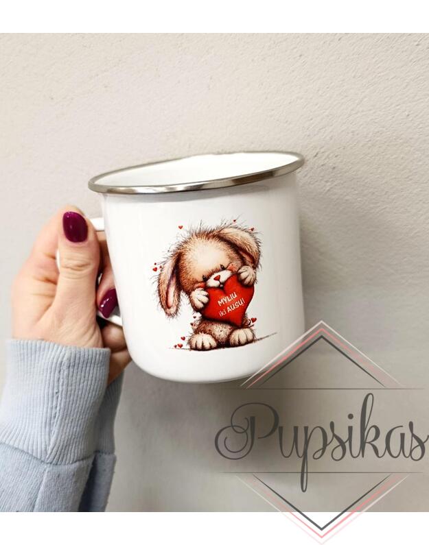 Baltas, metalinis puodelis „Myliu iki ausų“ (500ml)