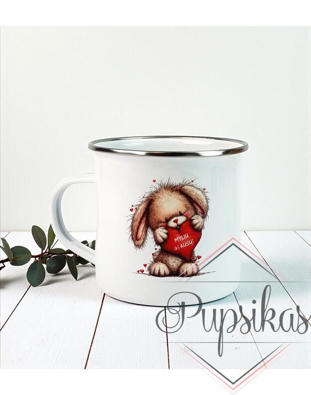 Baltas, metalinis puodelis „Myliu iki ausų“ (500ml) 1
