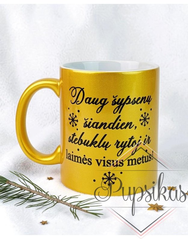 Aukso spalvos puodelis su blizgučiu „Daug šypsenų šiandien“