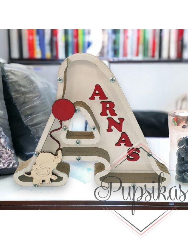 Balta, medinė taupyklė su raide (Su pasirinkta raide ir vardu)