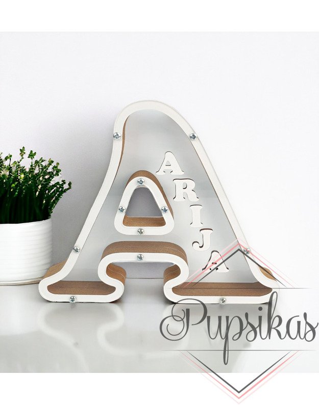 Balta, medinė taupyklė su raide (Su pasirinkta raide ir vardu)