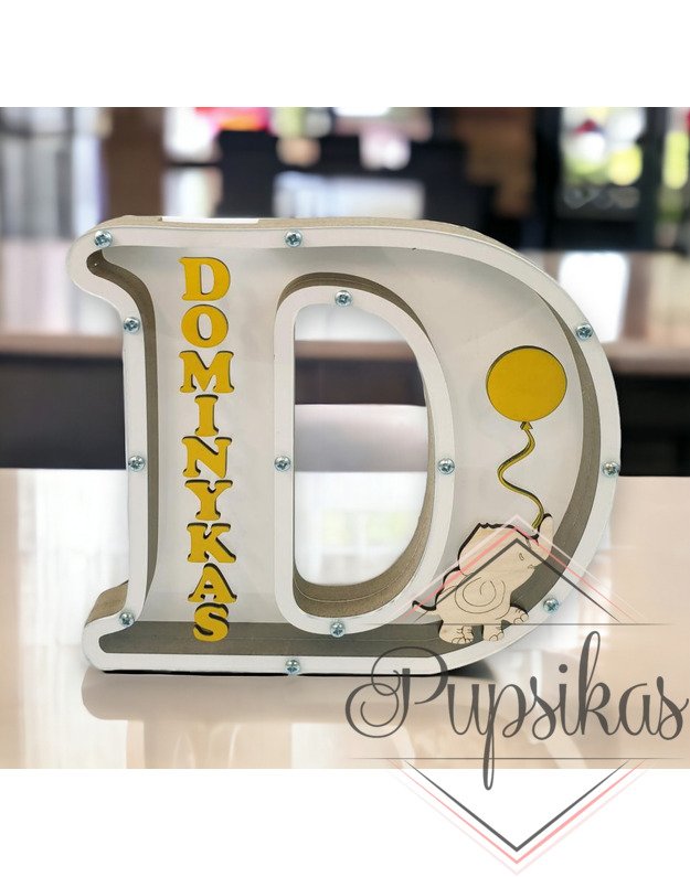 Balta, medinė taupyklė su raide (Su pasirinkta raide ir vardu)