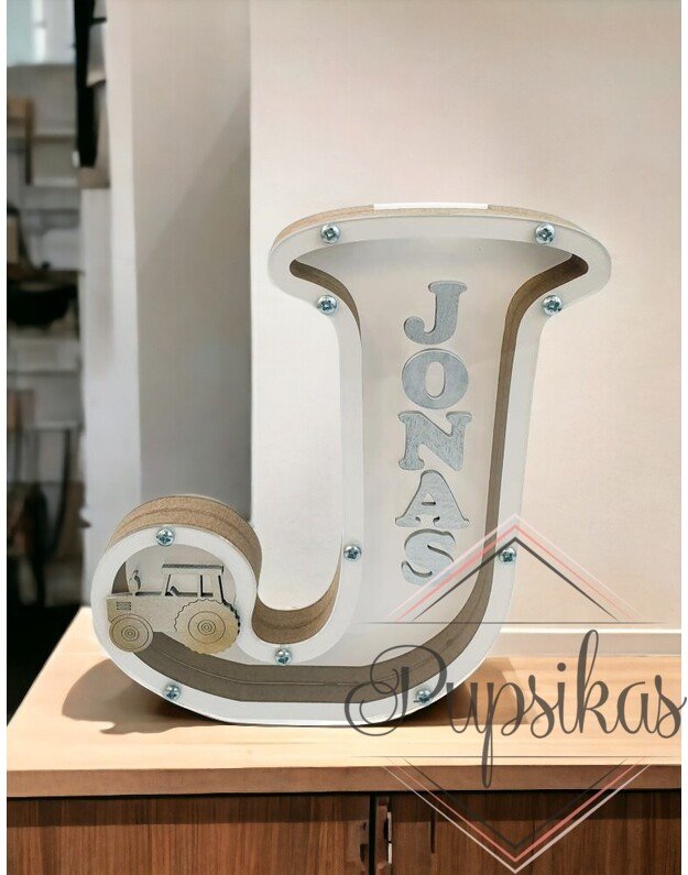 Balta, medinė taupyklė su raide J (Su pasirinkta raide ir vardu)