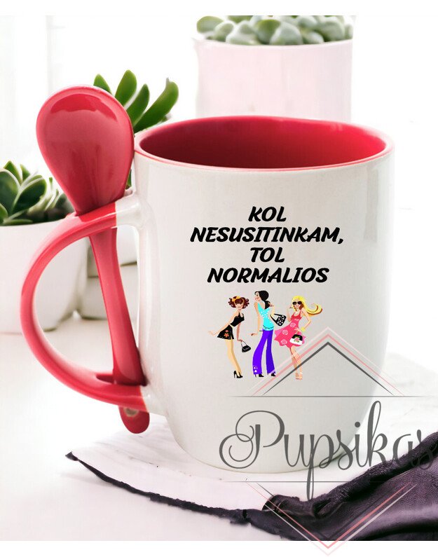 Puodelis su šaukšteliu „Kol nesusitinkam, tol normalios“